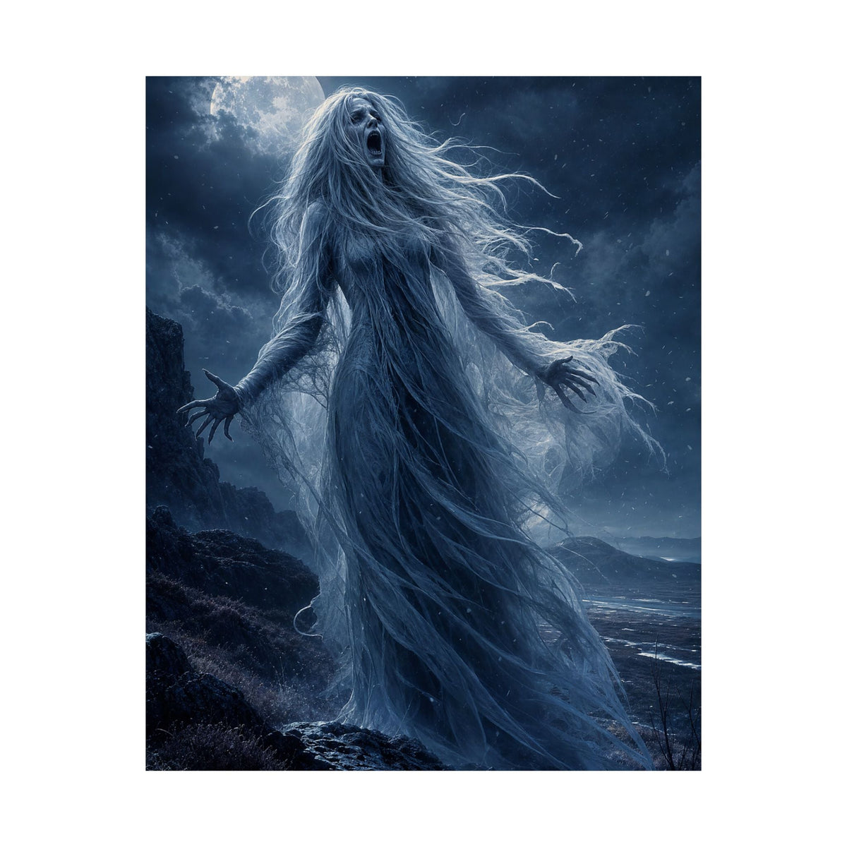 Banshee Wailing Over Moor - Dark Fantasy Art Print (Matte Poster) - Moikas