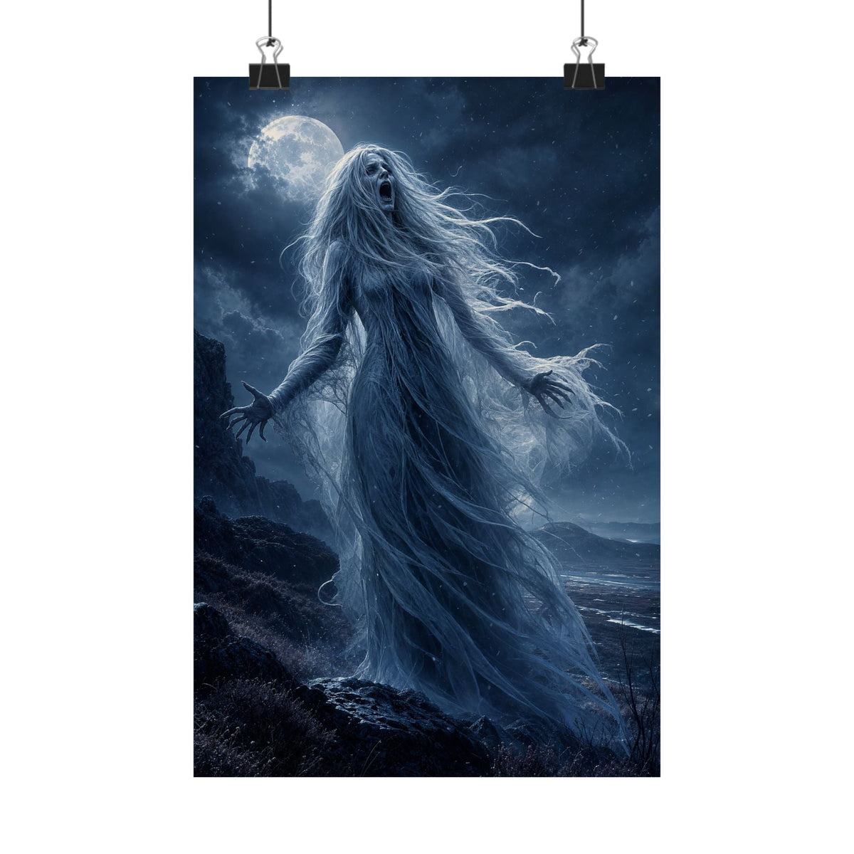 Banshee Wailing Over Moor - Dark Fantasy Art Print (Matte Poster) - Moikas