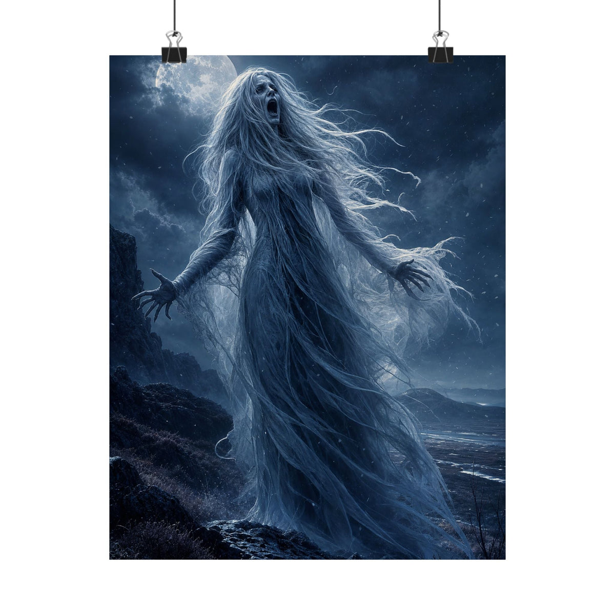 Banshee Wailing Over Moor - Dark Fantasy Art Print (Matte Poster) - Moikas
