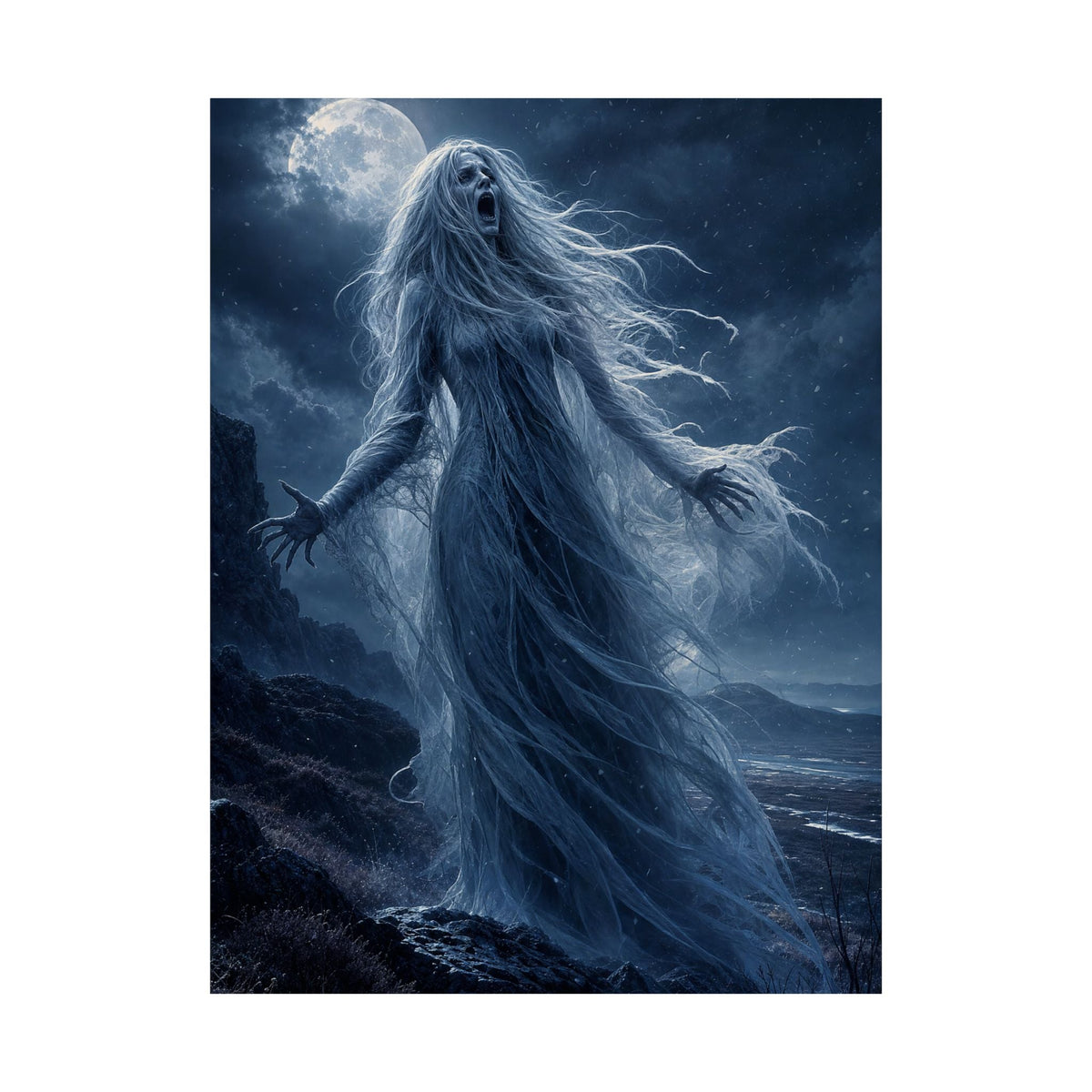 Banshee Wailing Over Moor - Dark Fantasy Art Print (Matte Poster) - Moikas