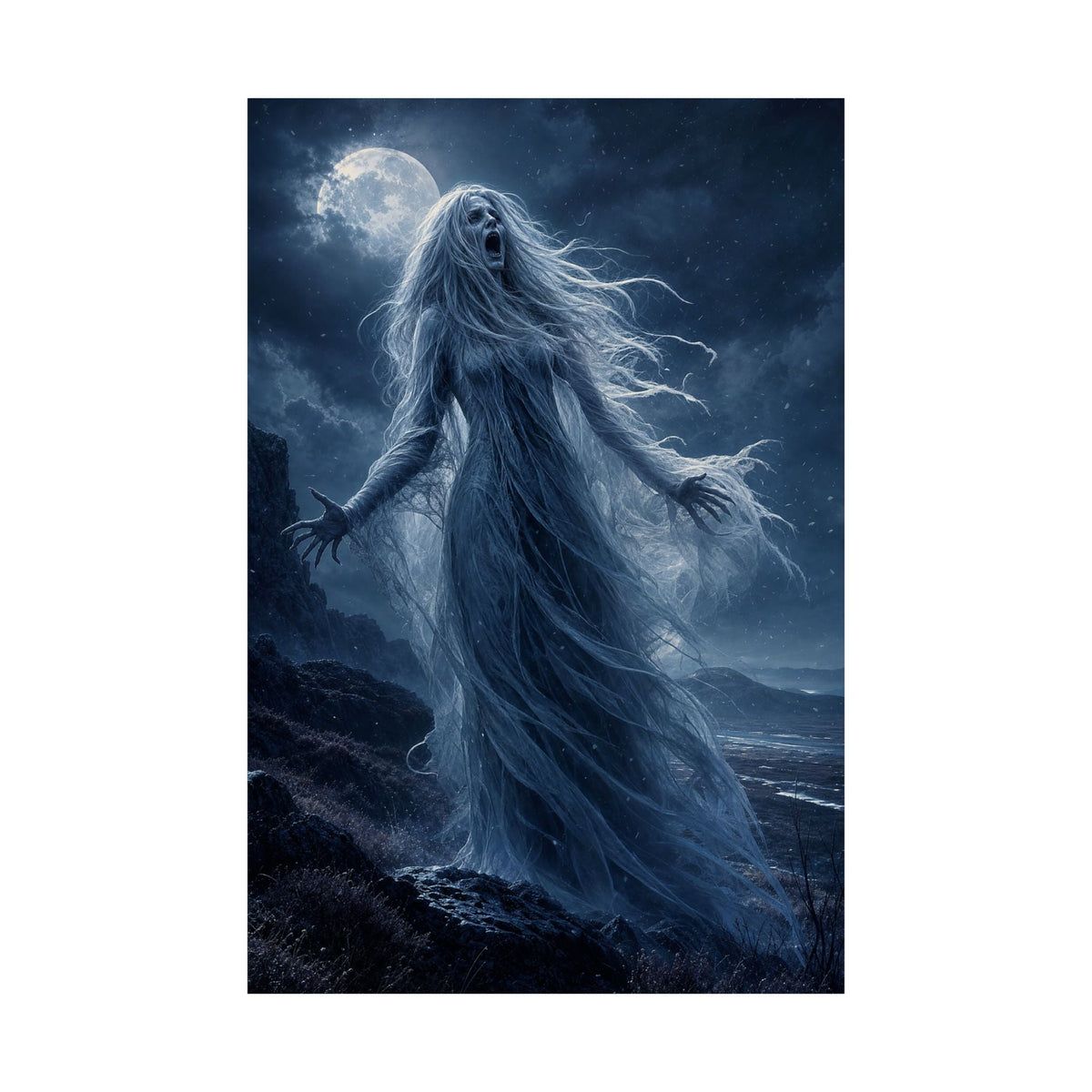 Banshee Wailing Over Moor - Dark Fantasy Art Print (Matte Poster) - Moikas