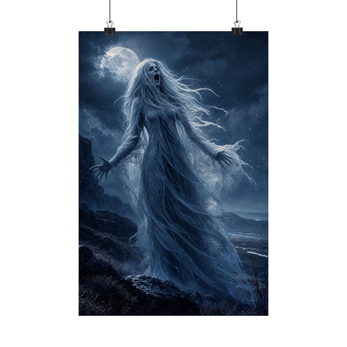 Banshee Wailing Over Moor - Dark Fantasy Art Print (Matte Poster) - Moikas