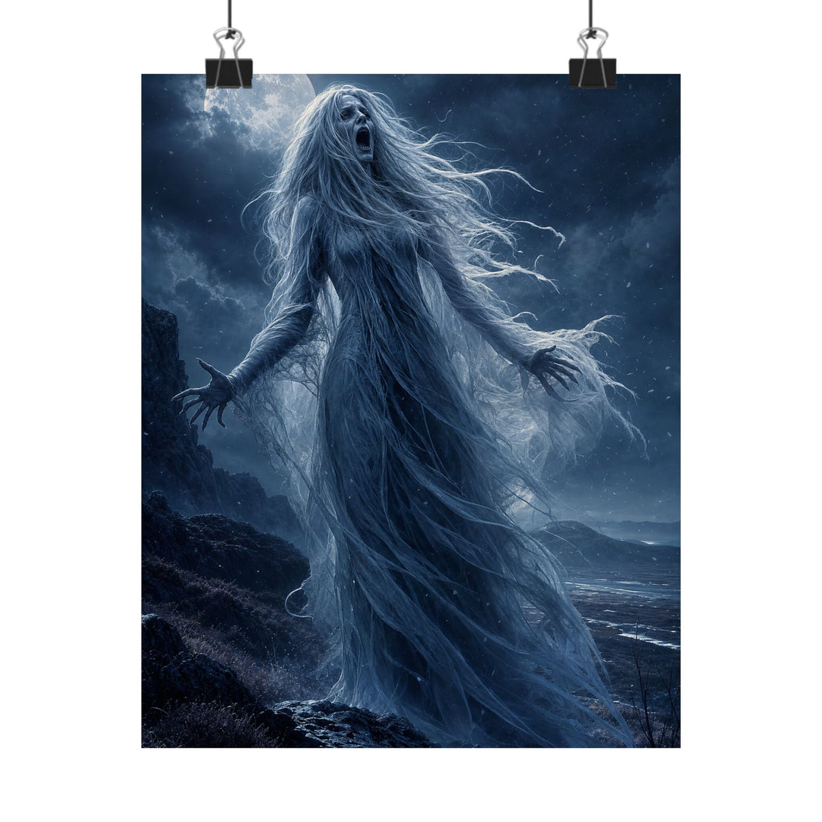 Banshee Wailing Over Moor - Dark Fantasy Art Print (Matte Poster) - Moikas
