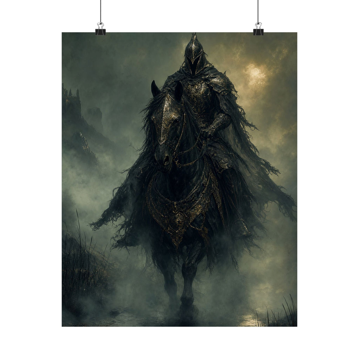Black Knight Riding Through Mist - Dark Fantasy Art Print (Matte Poster) - Moikas