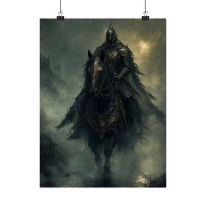 Black Knight Riding Through Mist - Dark Fantasy Art Print (Matte Poster) - Moikas