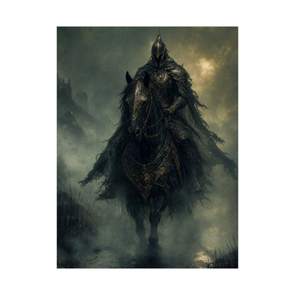 Black Knight Riding Through Mist - Dark Fantasy Art Print (Matte Poster) - Moikas