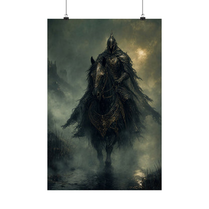 Black Knight Riding Through Mist - Dark Fantasy Art Print (Matte Poster) - Moikas