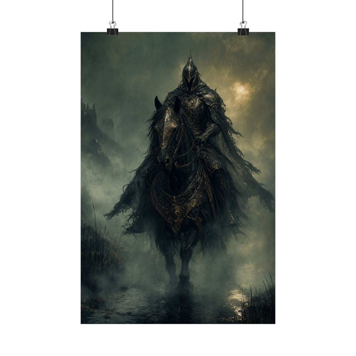 Black Knight Riding Through Mist - Dark Fantasy Art Print (Matte Poster) - Moikas
