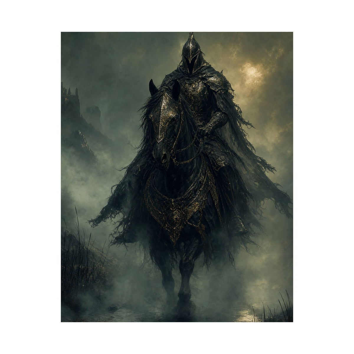 Black Knight Riding Through Mist - Dark Fantasy Art Print (Matte Poster) - Moikas