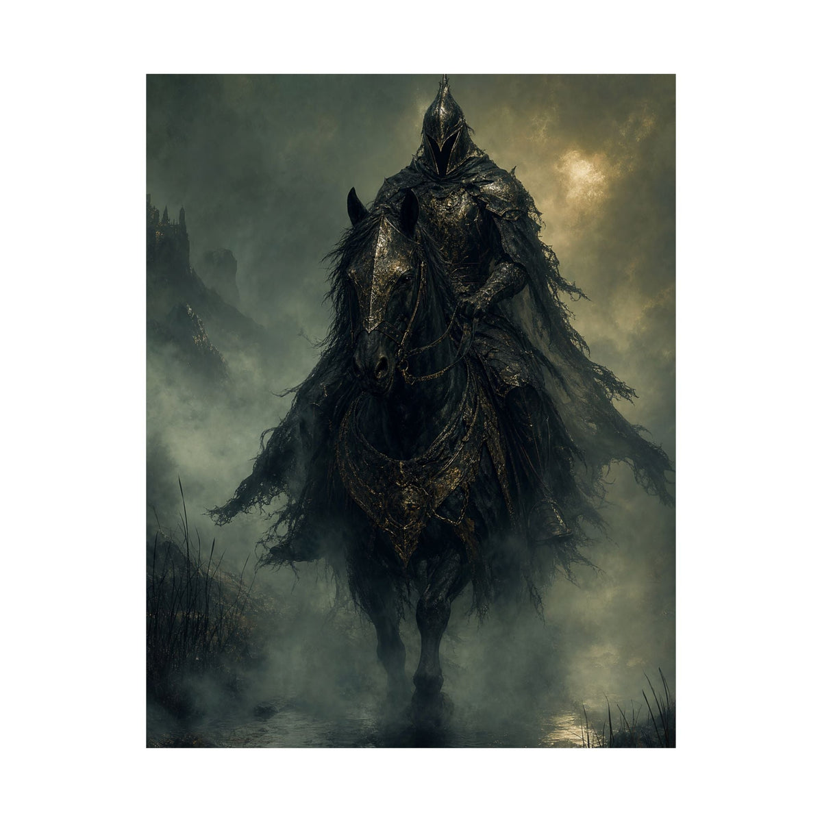 Black Knight Riding Through Mist - Dark Fantasy Art Print (Matte Poster) - Moikas