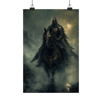 Black Knight Riding Through Mist - Dark Fantasy Art Print (Matte Poster) - Moikas