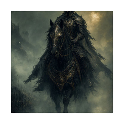 Black Knight Riding Through Mist - Dark Fantasy Art Print (Matte Poster) - Moikas