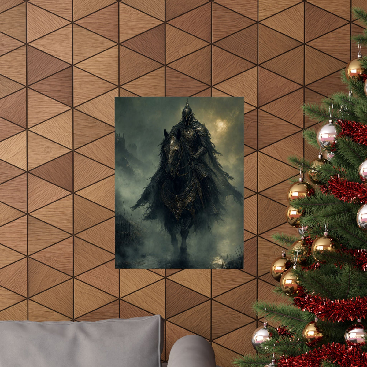 Black Knight Riding Through Mist - Dark Fantasy Art Print (Matte Poster) - Moikas