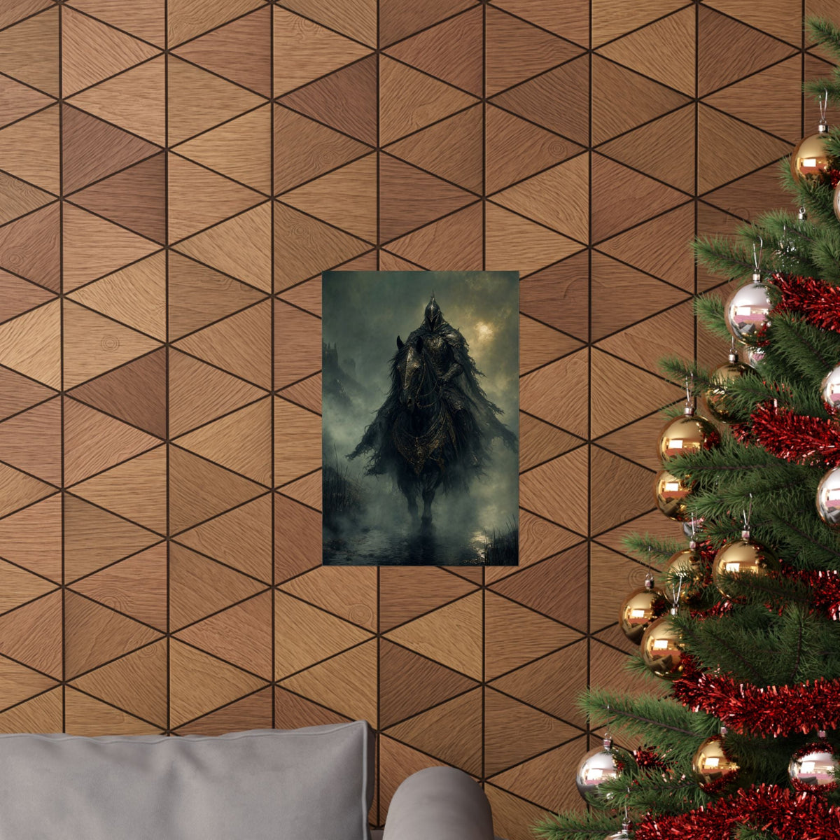 Black Knight Riding Through Mist - Dark Fantasy Art Print (Matte Poster) - Moikas