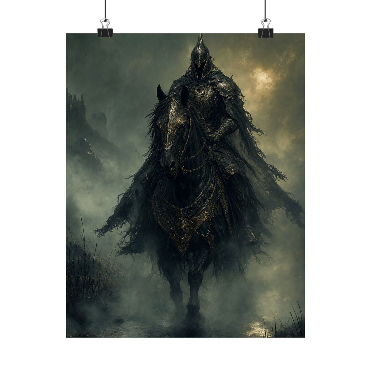 Black Knight Riding Through Mist - Dark Fantasy Art Print (Matte Poster) - Moikas
