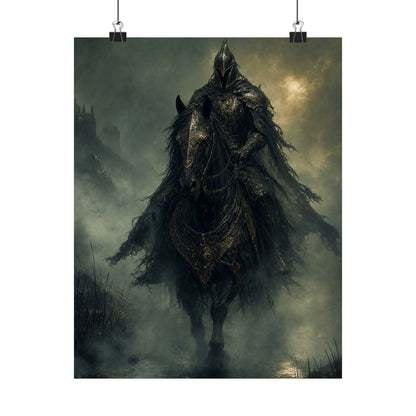 Black Knight Riding Through Mist - Dark Fantasy Art Print (Matte Poster) - Moikas