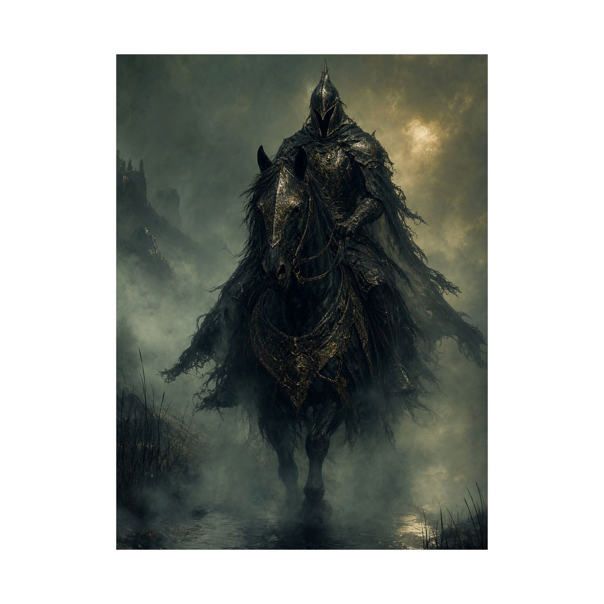 Black Knight Riding Through Mist - Dark Fantasy Art Print (Matte Poster) - Moikas