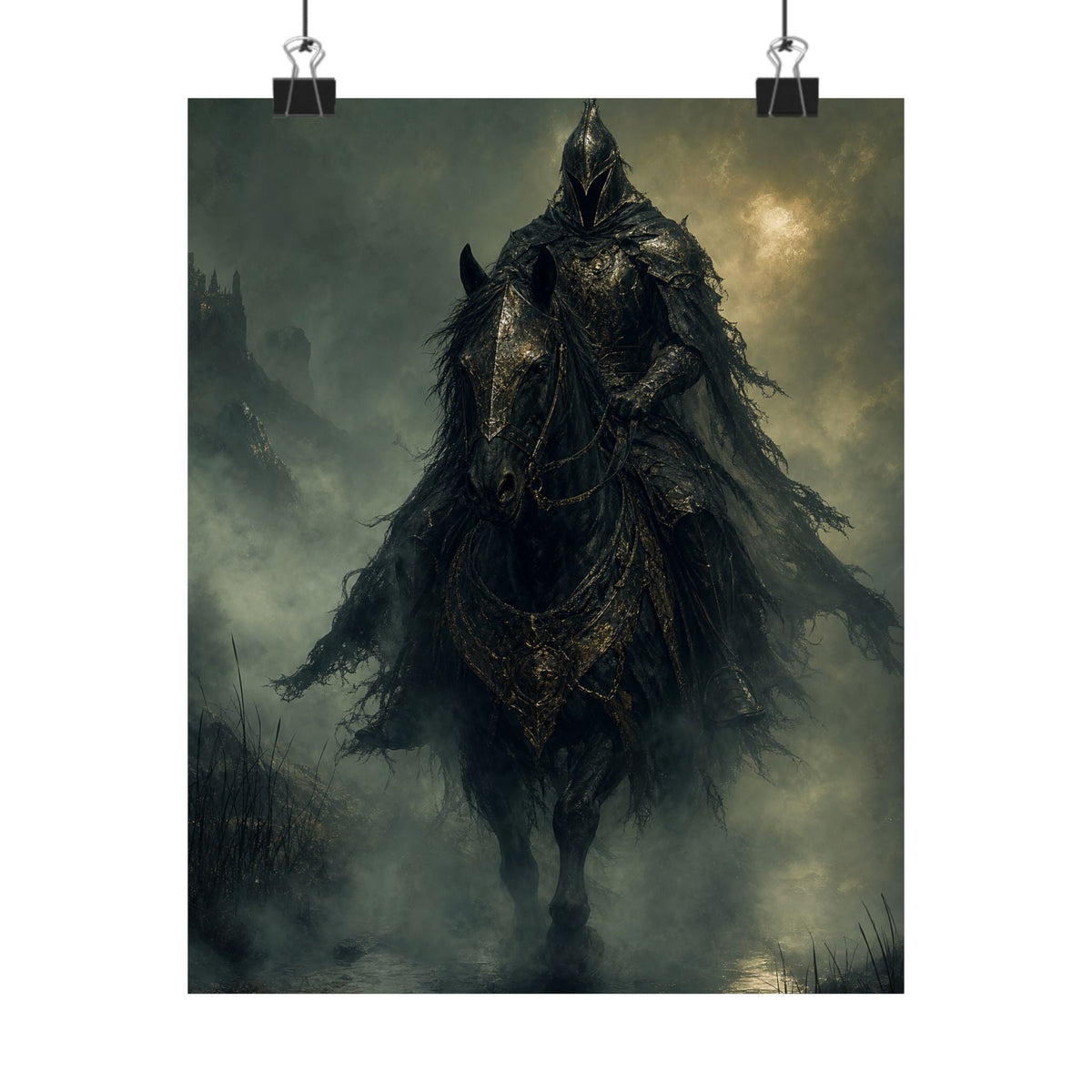 Black Knight Riding Through Mist - Dark Fantasy Art Print (Matte Poster) - Moikas