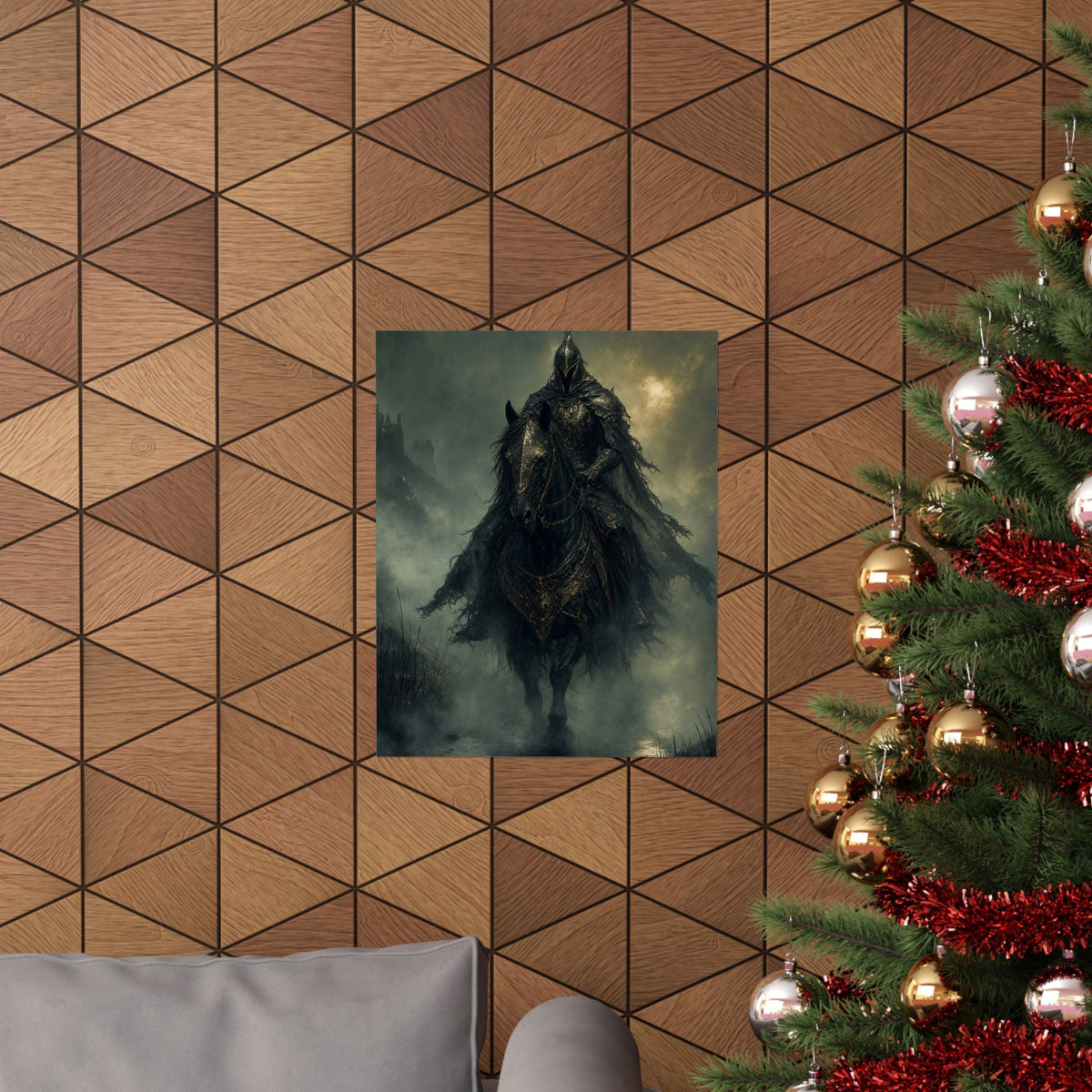 Black Knight Riding Through Mist - Dark Fantasy Art Print (Matte Poster) - Moikas