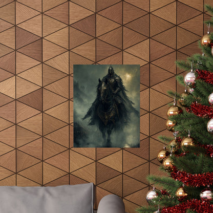 Black Knight Riding Through Mist - Dark Fantasy Art Print (Matte Poster) - Moikas
