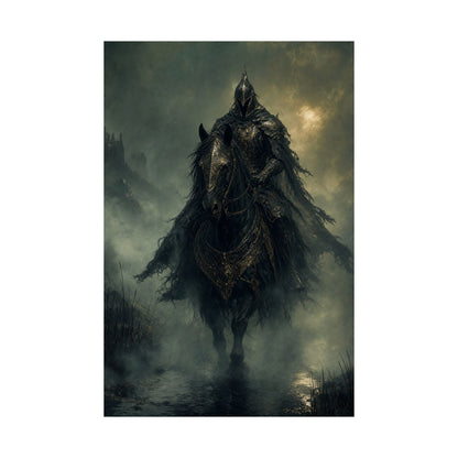 Black Knight Riding Through Mist - Dark Fantasy Art Print (Matte Poster) - Moikas