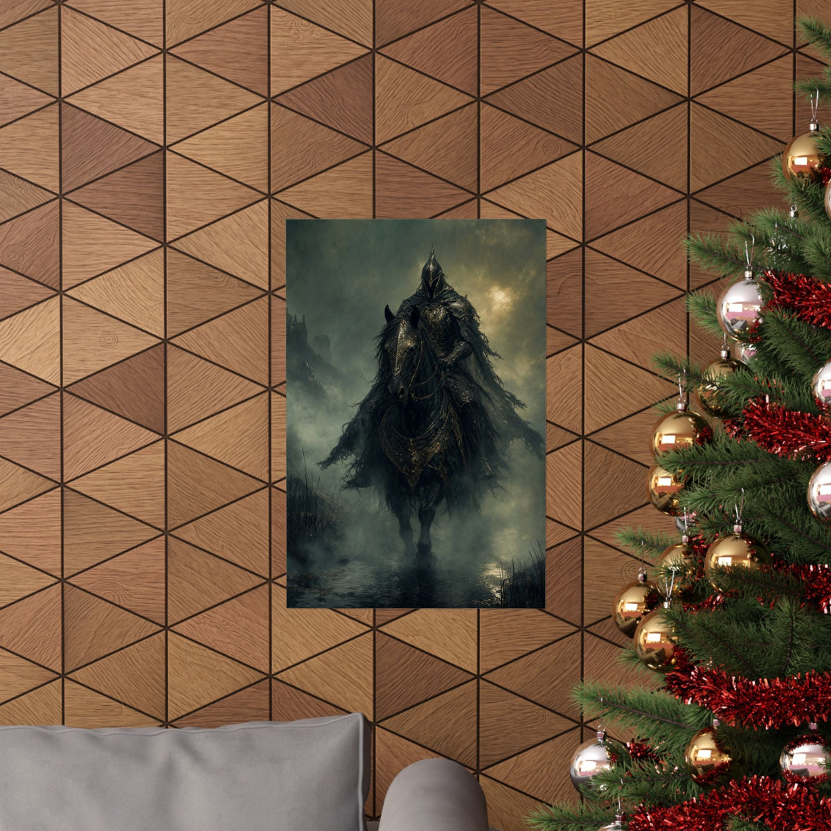 Black Knight Riding Through Mist - Dark Fantasy Art Print (Matte Poster) - Moikas
