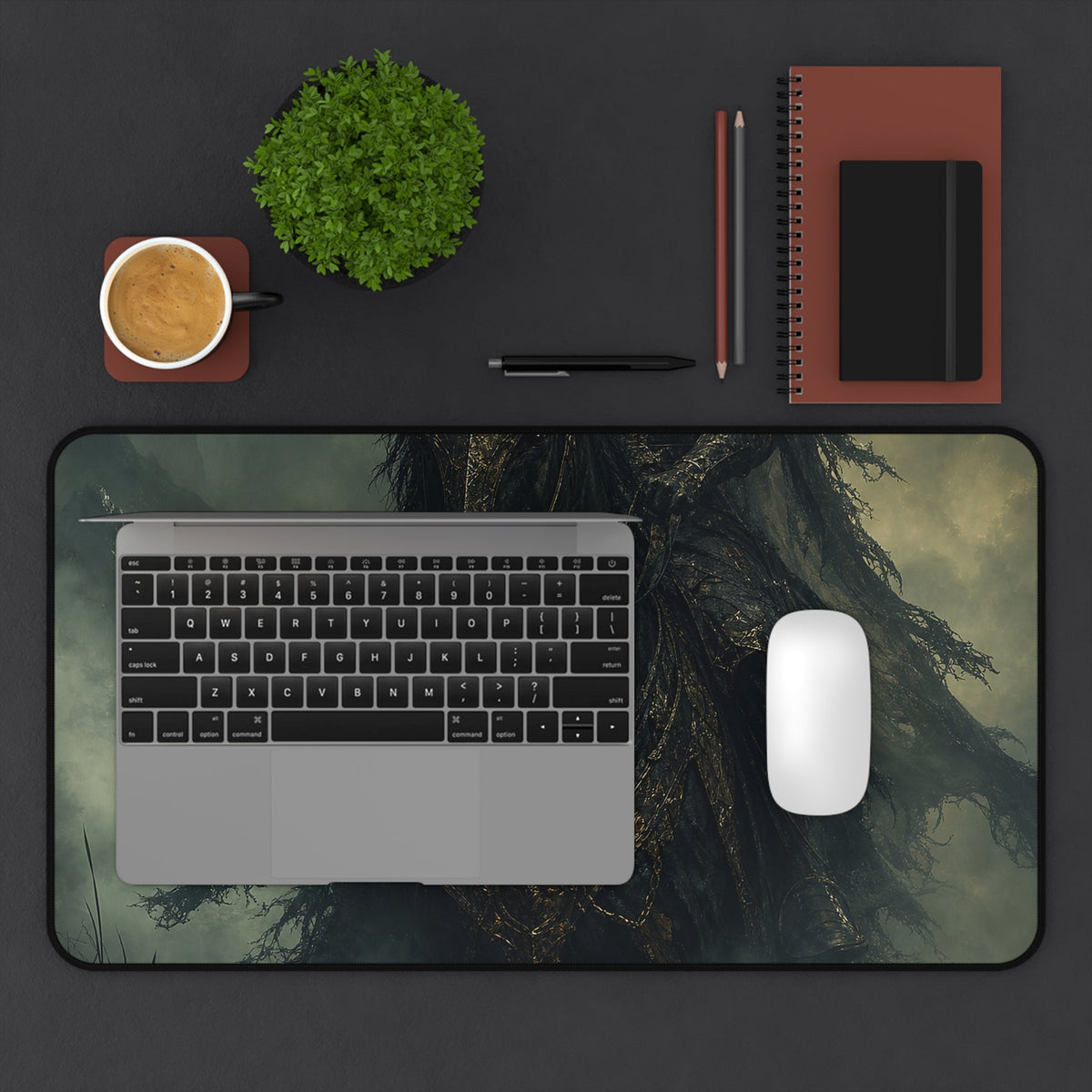 Black Knight Riding Through Mist - Dark Fantasy Gaming Desk Mat - Moikas