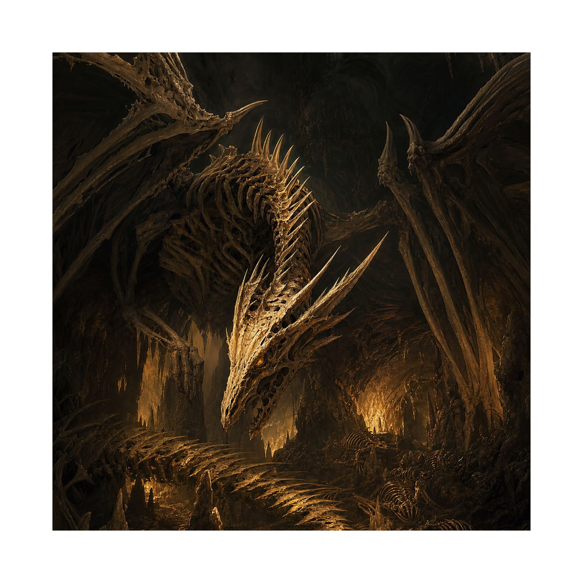 Bone Dragon In Cavern - Dark Fantasy Art Print (Matte Poster) - Moikas
