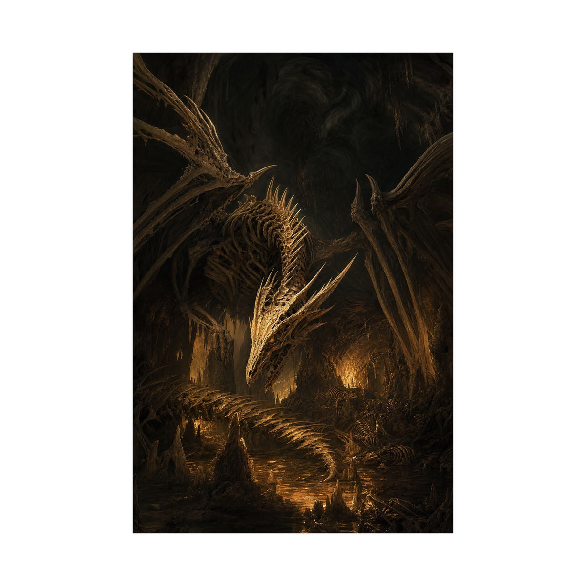 Bone Dragon In Cavern - Dark Fantasy Art Print (Matte Poster) - Moikas