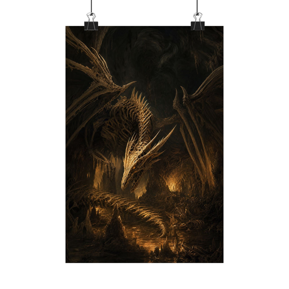 Bone Dragon In Cavern - Dark Fantasy Art Print (Matte Poster) - Moikas