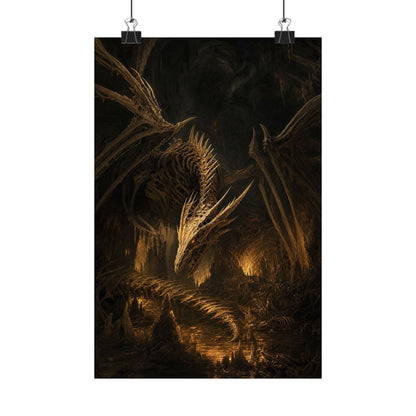 Bone Dragon In Cavern - Dark Fantasy Art Print (Matte Poster) - Moikas