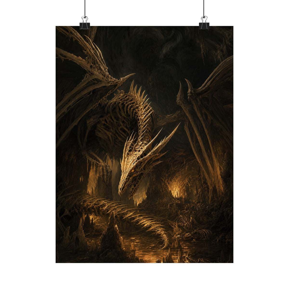 Bone Dragon In Cavern - Dark Fantasy Art Print (Matte Poster) - Moikas