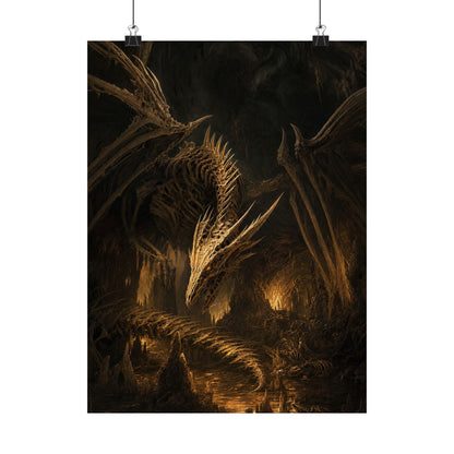 Bone Dragon In Cavern - Dark Fantasy Art Print (Matte Poster) - Moikas
