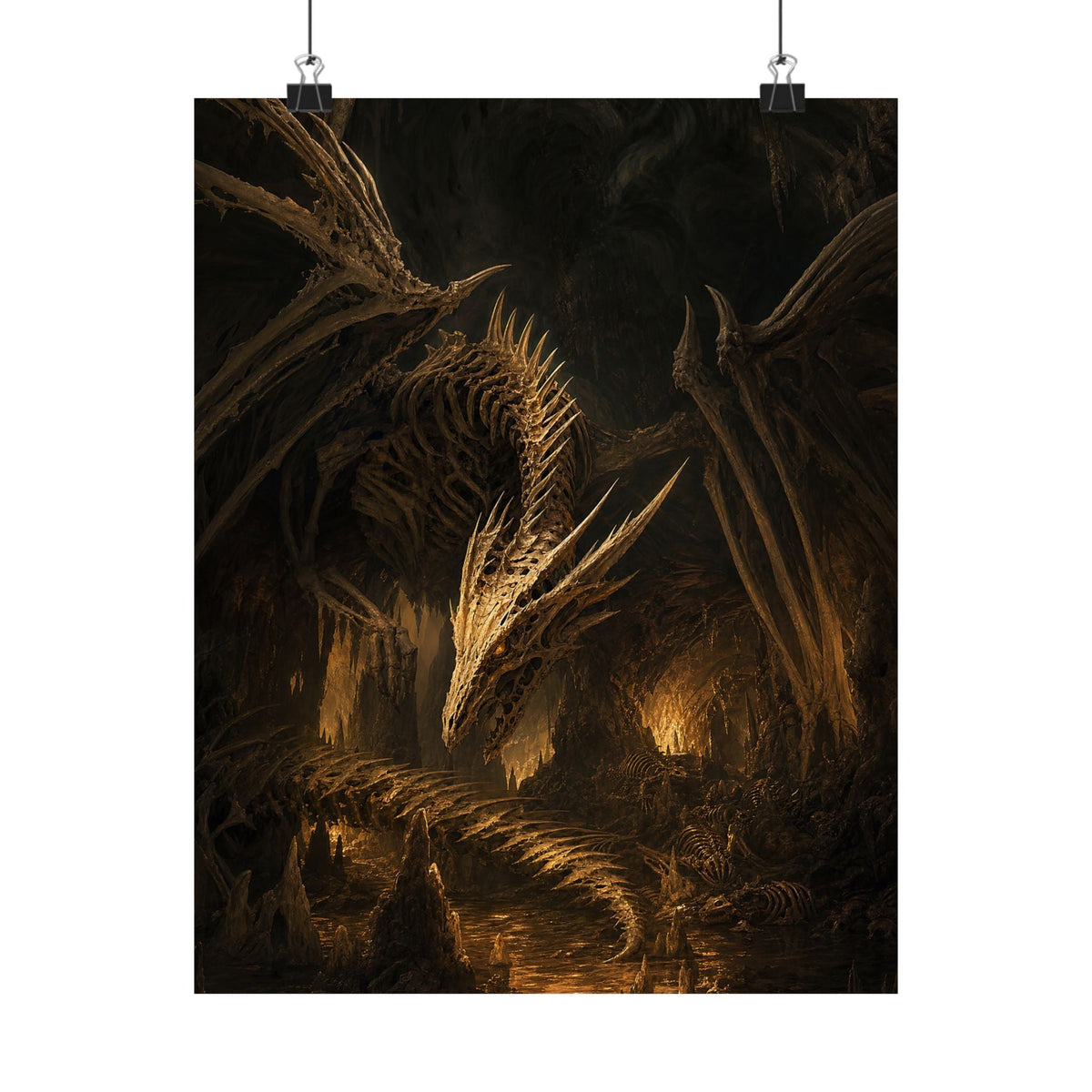 Bone Dragon In Cavern - Dark Fantasy Art Print (Matte Poster) - Moikas