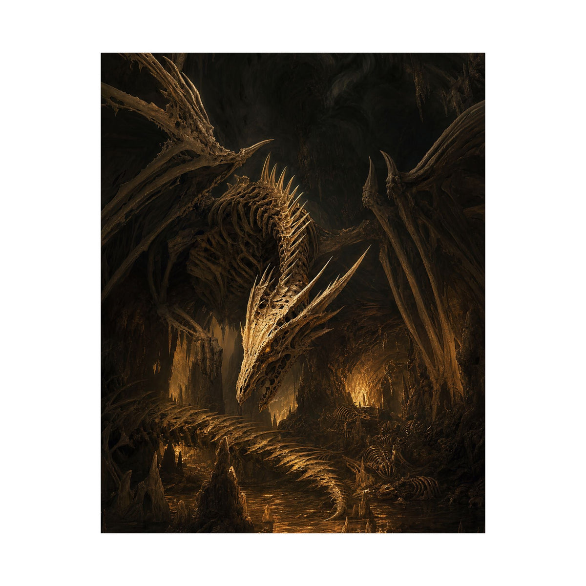 Bone Dragon In Cavern - Dark Fantasy Art Print (Matte Poster) - Moikas