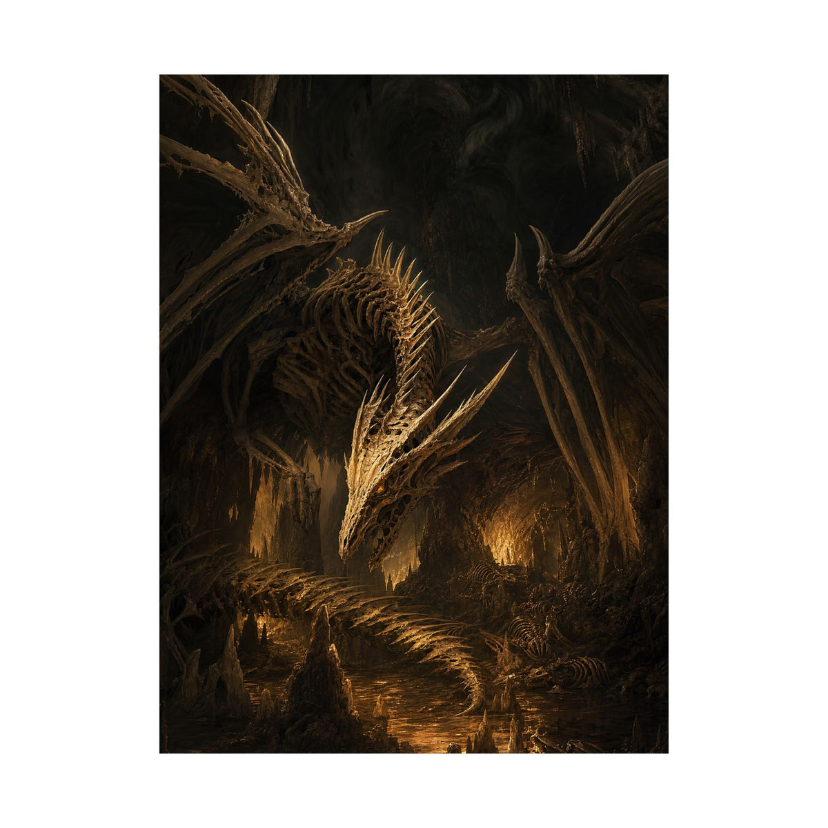 Bone Dragon In Cavern - Dark Fantasy Art Print (Matte Poster) - Moikas