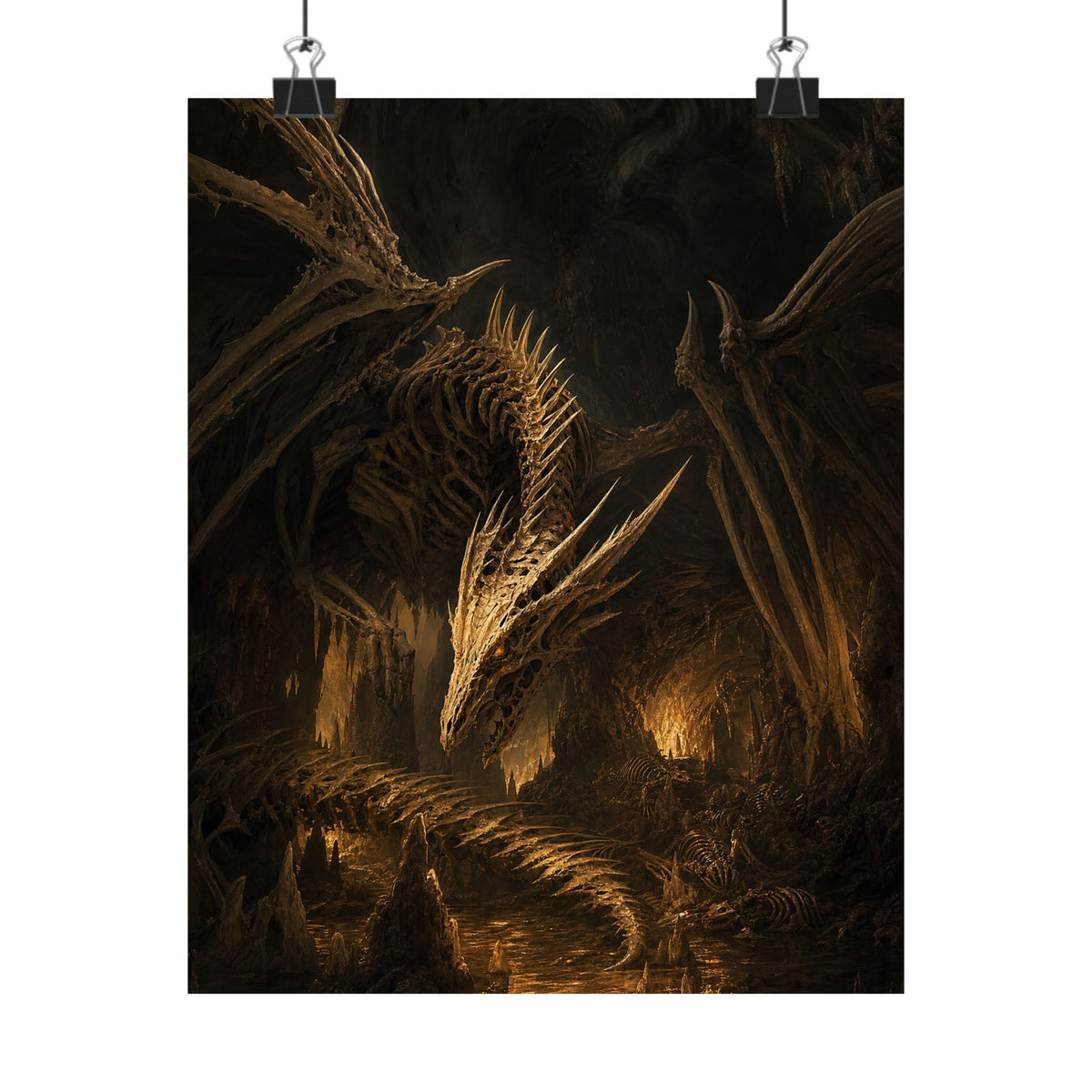 Bone Dragon In Cavern - Dark Fantasy Art Print (Matte Poster) - Moikas