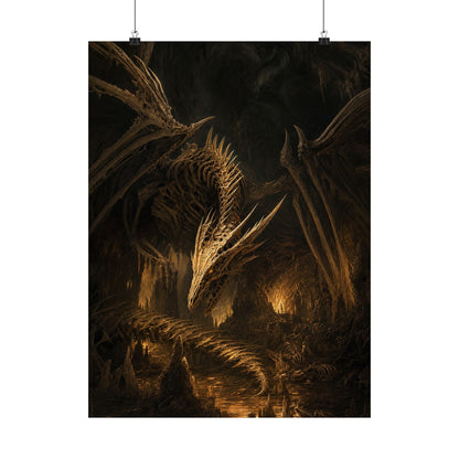 Bone Dragon In Cavern - Dark Fantasy Art Print (Matte Poster) - Moikas