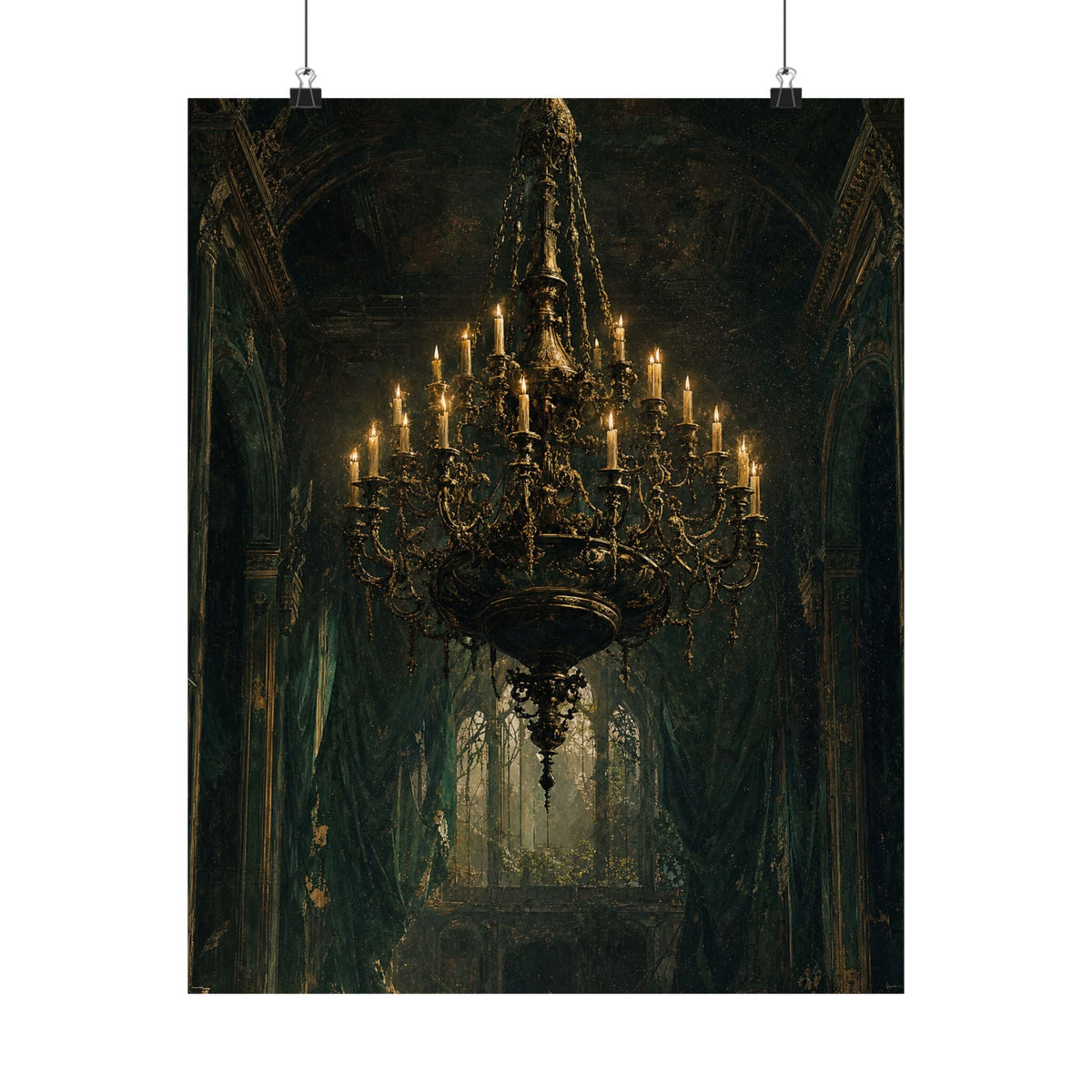 Chandelier In Ruined Hall - Dark Academia Art Print (Matte Poster) - Moikas