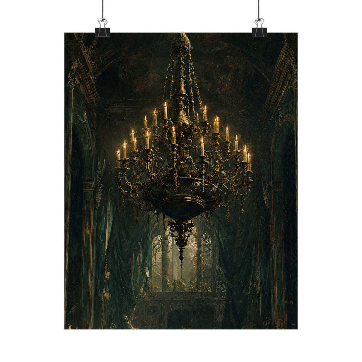 Chandelier In Ruined Hall - Dark Academia Art Print (Matte Poster) - Moikas