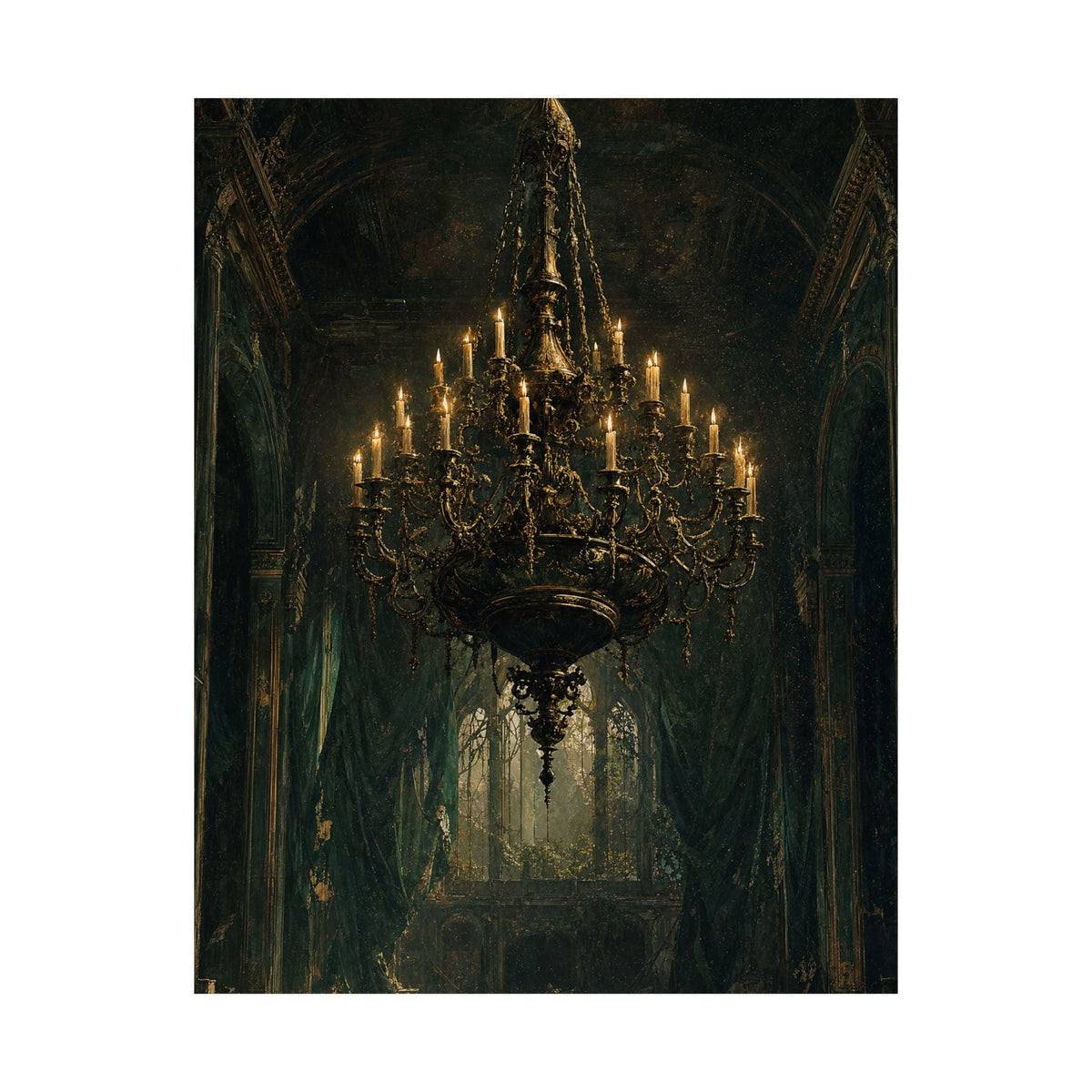 Chandelier In Ruined Hall - Dark Academia Art Print (Matte Poster) - Moikas