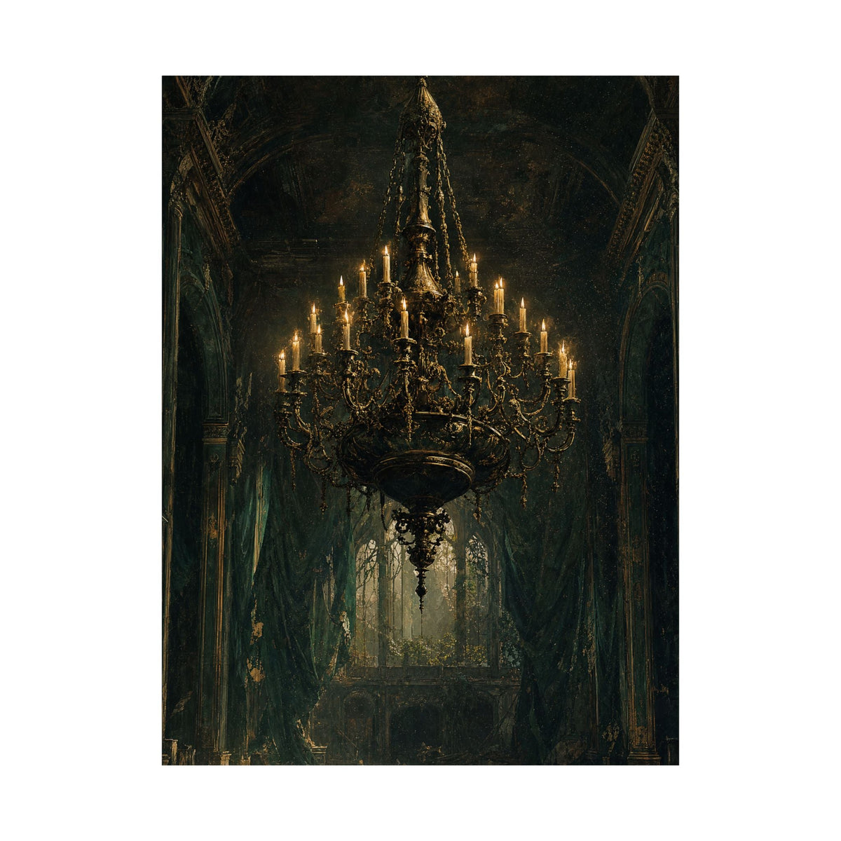 Chandelier In Ruined Hall - Dark Academia Art Print (Matte Poster) - Moikas