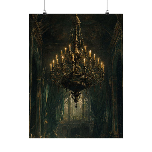 Chandelier In Ruined Hall - Dark Academia Art Print (Matte Poster) - Moikas
