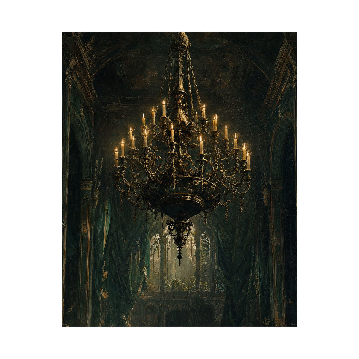 Chandelier In Ruined Hall - Dark Academia Art Print (Matte Poster) - Moikas