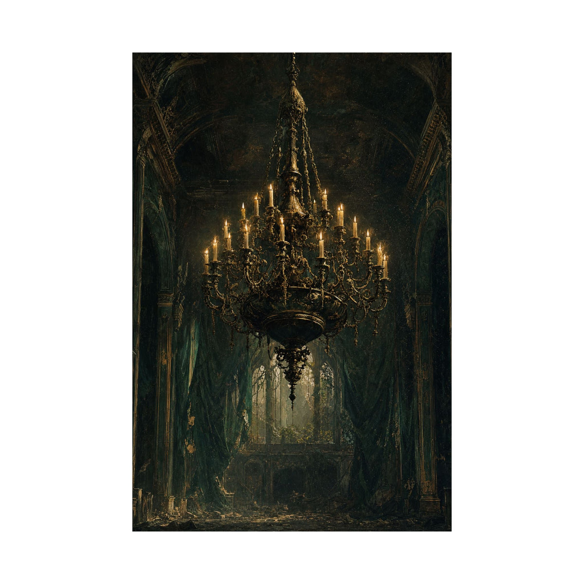 Chandelier In Ruined Hall - Dark Academia Art Print (Matte Poster) - Moikas