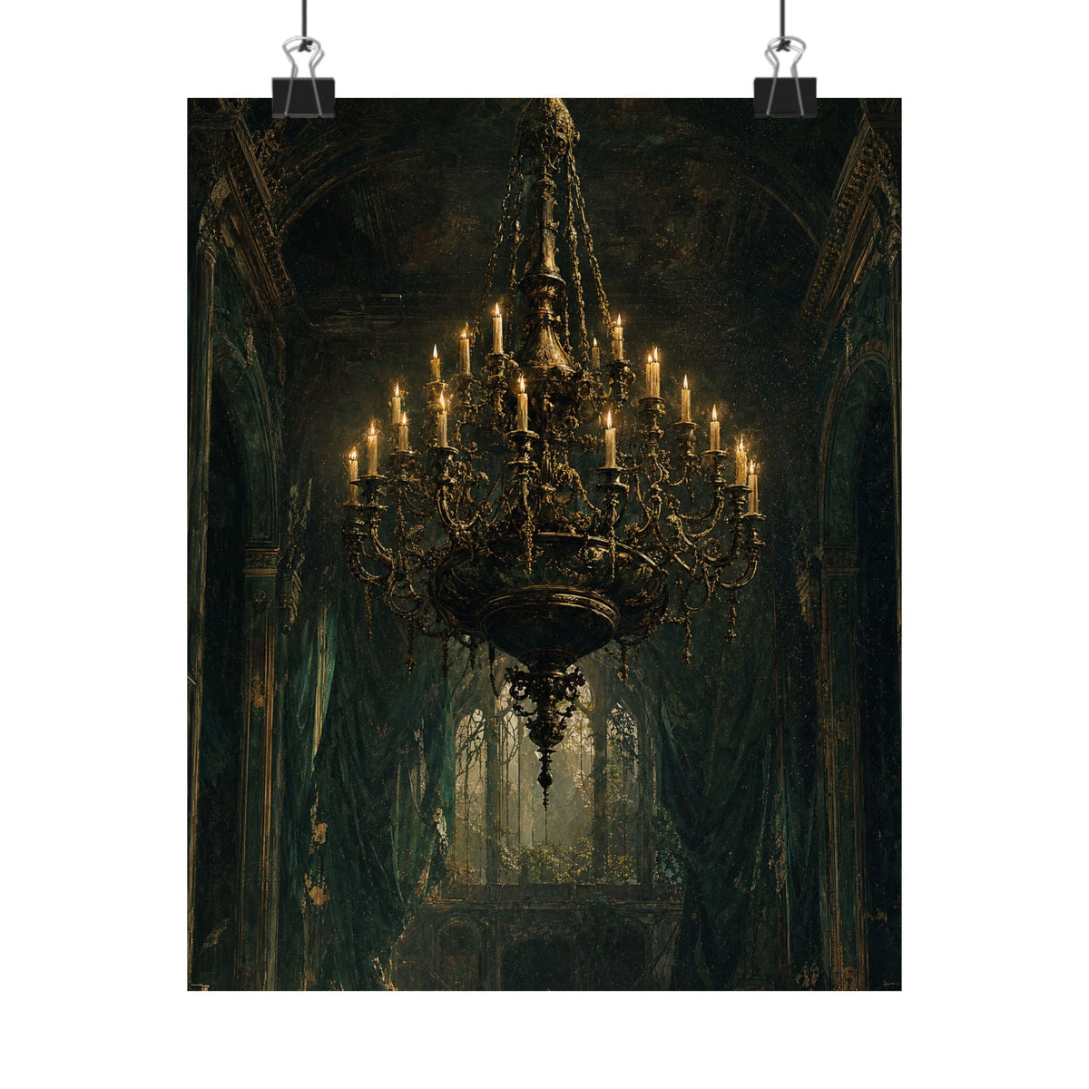 Chandelier In Ruined Hall - Dark Academia Art Print (Matte Poster) - Moikas