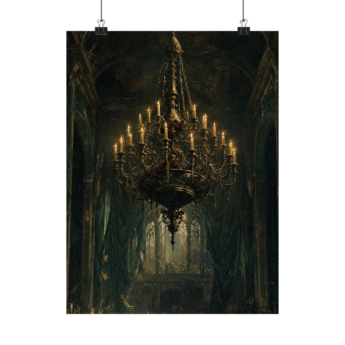 Chandelier In Ruined Hall - Dark Academia Art Print (Matte Poster) - Moikas
