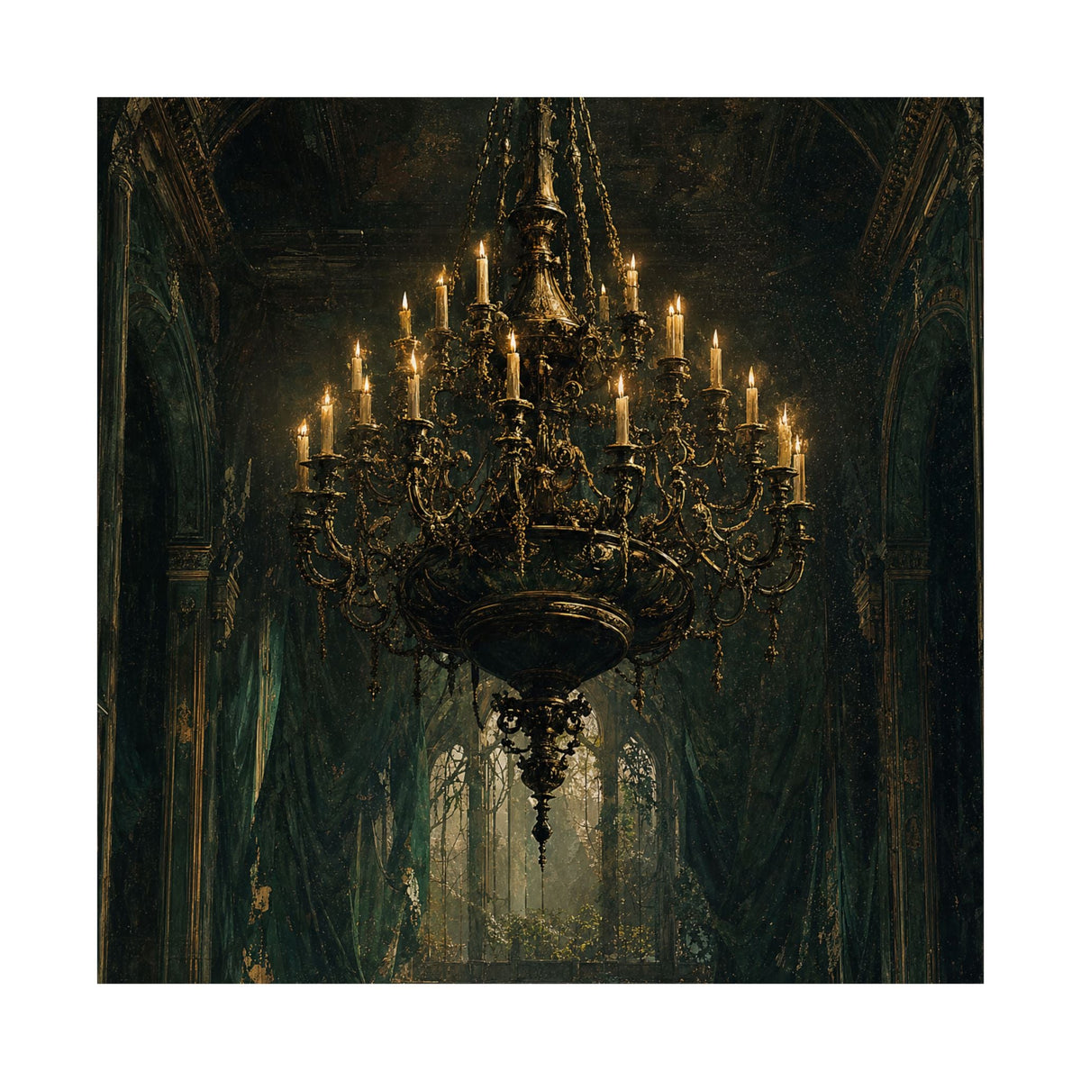 Chandelier In Ruined Hall - Dark Academia Art Print (Matte Poster) - Moikas