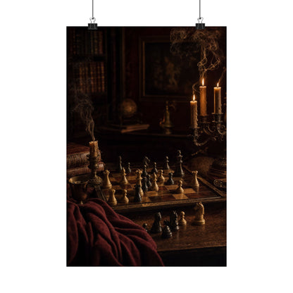 Chess Board Mid-Game In Candlelight - Dark Academia Art Print (Matte Poster) - Moikas