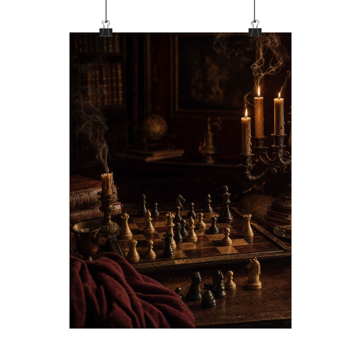 Chess Board Mid-Game In Candlelight - Dark Academia Art Print (Matte Poster) - Moikas